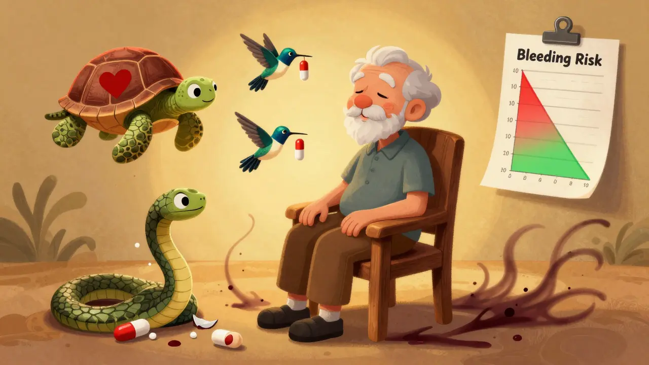 Elderly patient surrounded by healing animals and fading bleeding shadows, bathed in golden light, in colorful Alebrije illustration style.