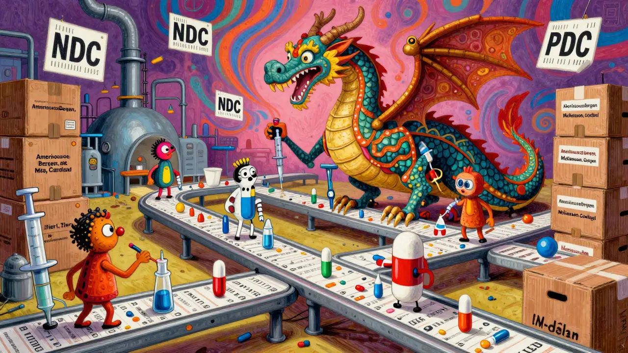 Fantasy factory with pill-bodied workers assembling generics under a PBM dragon.