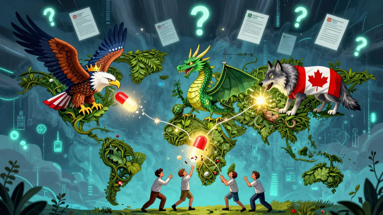 Global map of regulatory beasts trying to process one pharmaceutical change, with team struggling to pass a pill through all three.