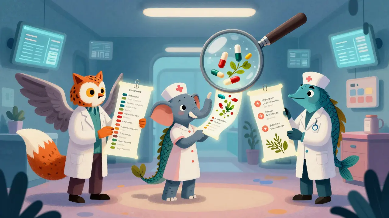 Mythical healthcare workers compare glowing medication lists with a magnifying glass revealing dangerous drug interactions.