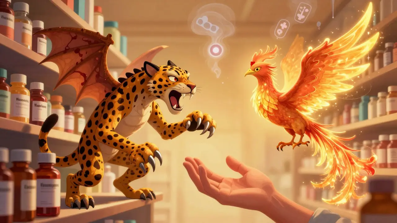 Personified blood thinner dragon and NSAID jaguar fighting over a human hand, with a calming phoenix rising beside them in Alebrije art.