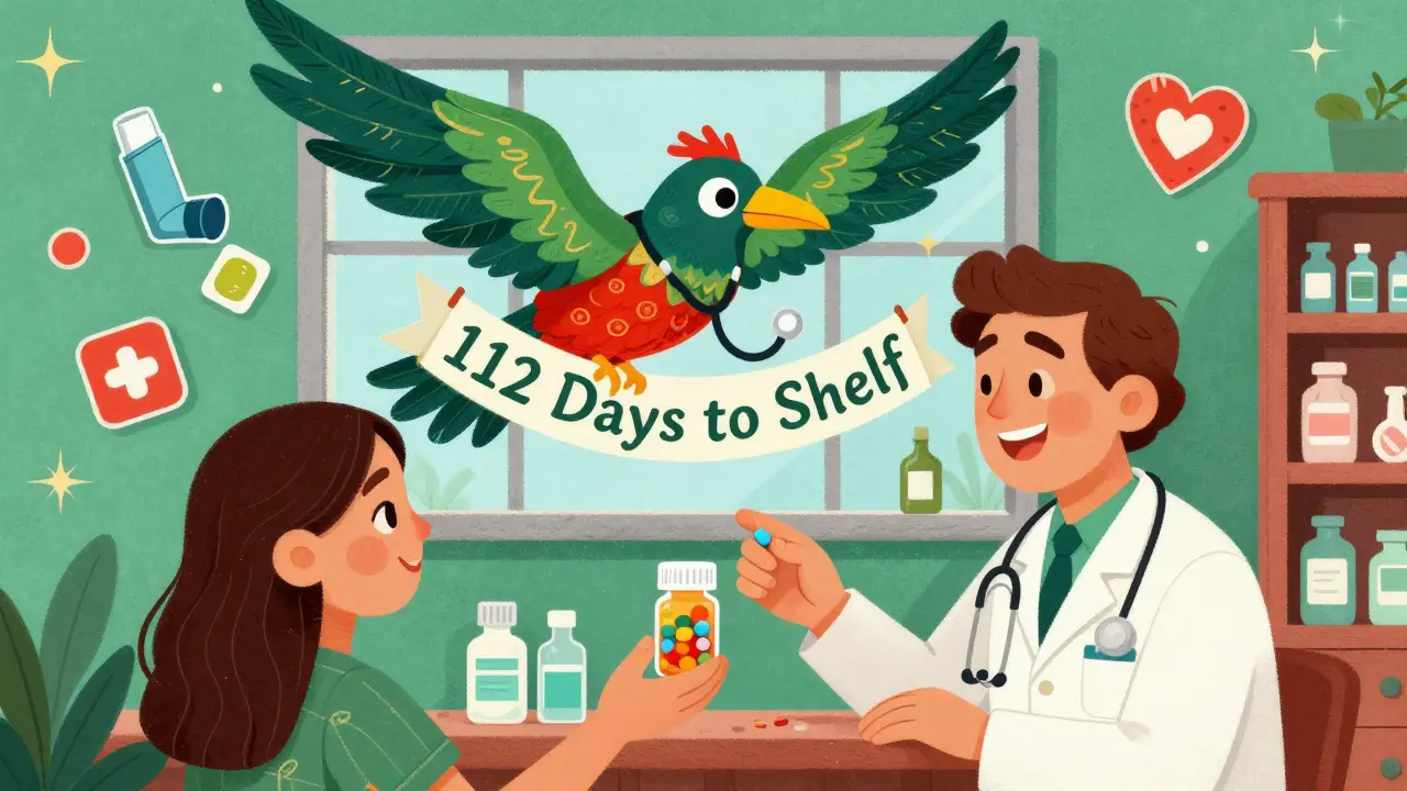 Pharmacist giving a generic pill bottle to a patient as a stethoscope-bird flies above.