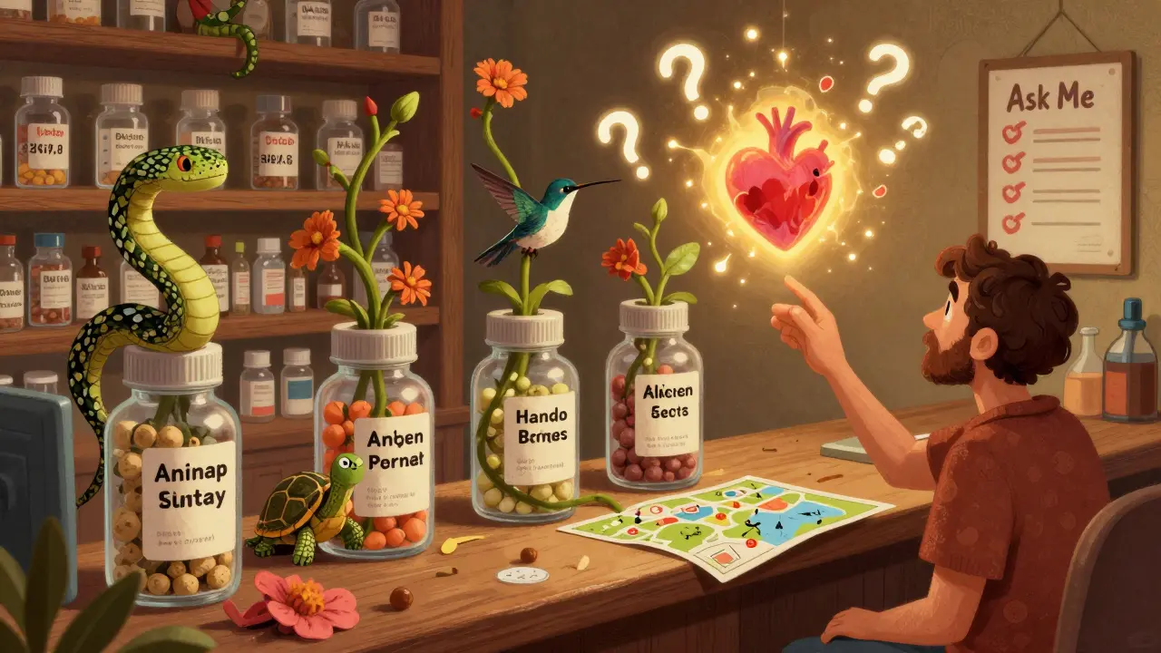 Prescription bottles as flowering vines with creature guardians, leading a patient to a glowing heart on a medicinal map.