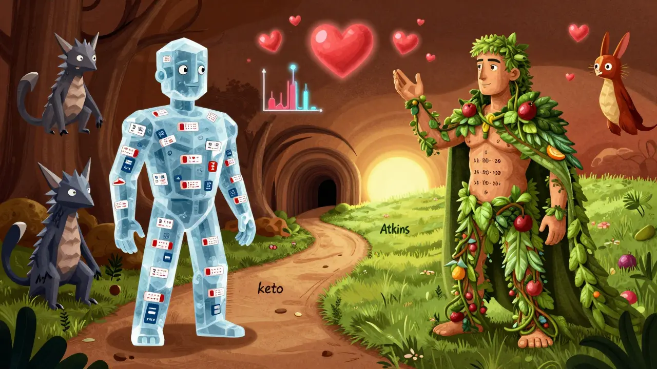 Two figures representing keto and Atkins on a split path, surrounded by mystical animals and food symbols in Alebrije style.