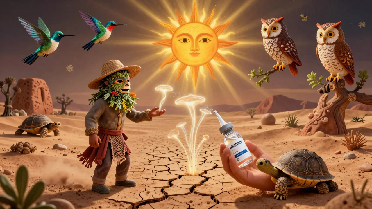 A desert landscape with fungal spores as winged spirits, a masked farmer, and guardian animals symbolizing pneumonia prevention in Alebrije style.