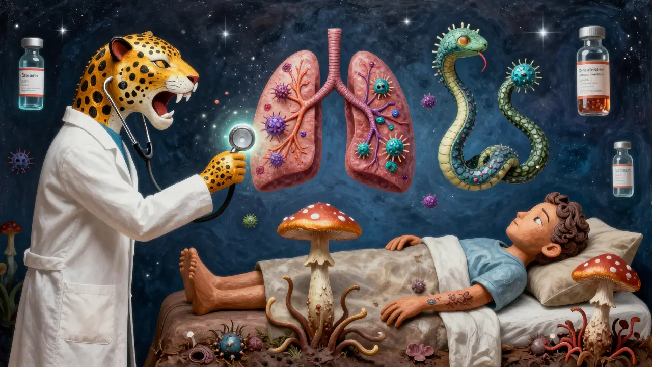 A doctor's stethoscope revealing three fantastical pathogens attacking the lungs, surrounded by vaccine totems in colorful Alebrije art.