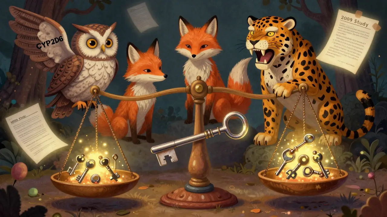 A magical scale balancing tamoxifen and endoxifen keys, watched over by mythical animal spirits representing medical guidance.