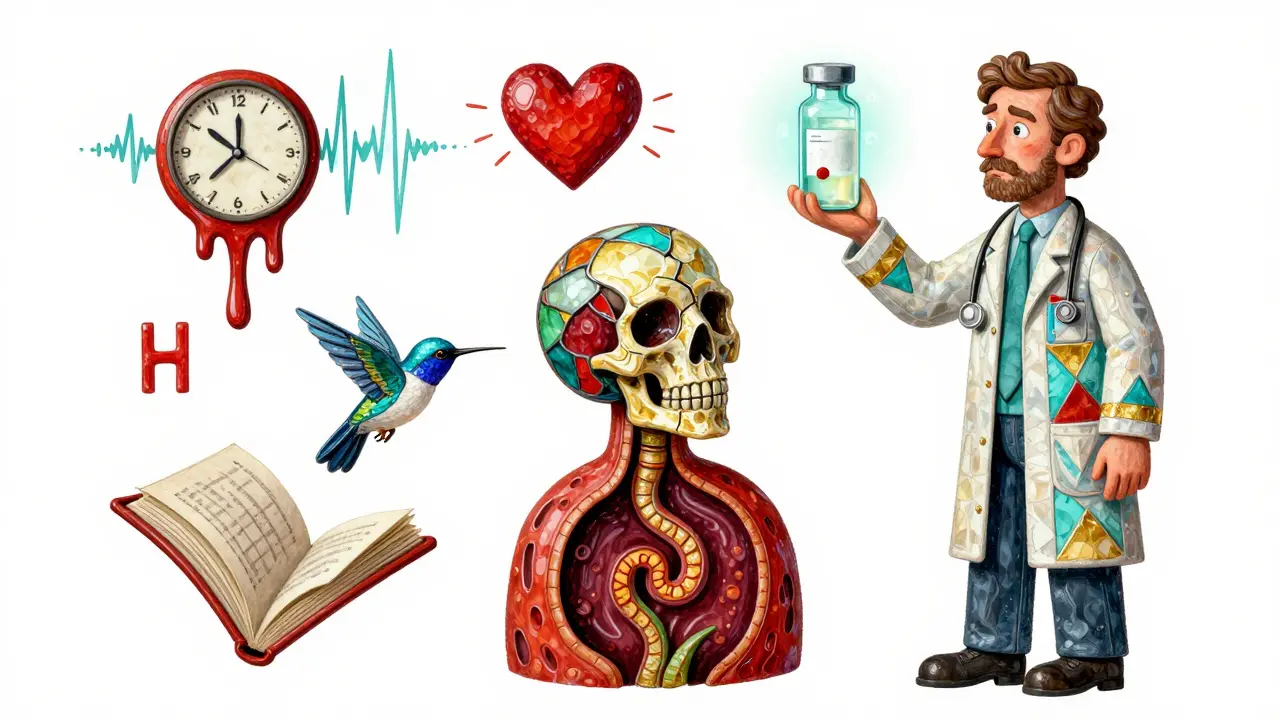 A man with a glass skull surrounded by symbols of seizures, memory loss, and hidden tumor.