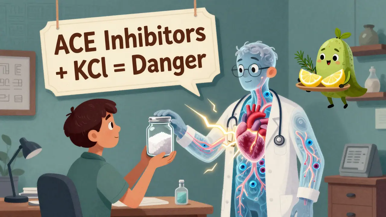 A patient's translucent body shows dangerous potassium ions surging toward the heart, with a mythic herb-spirit offering safe alternatives.