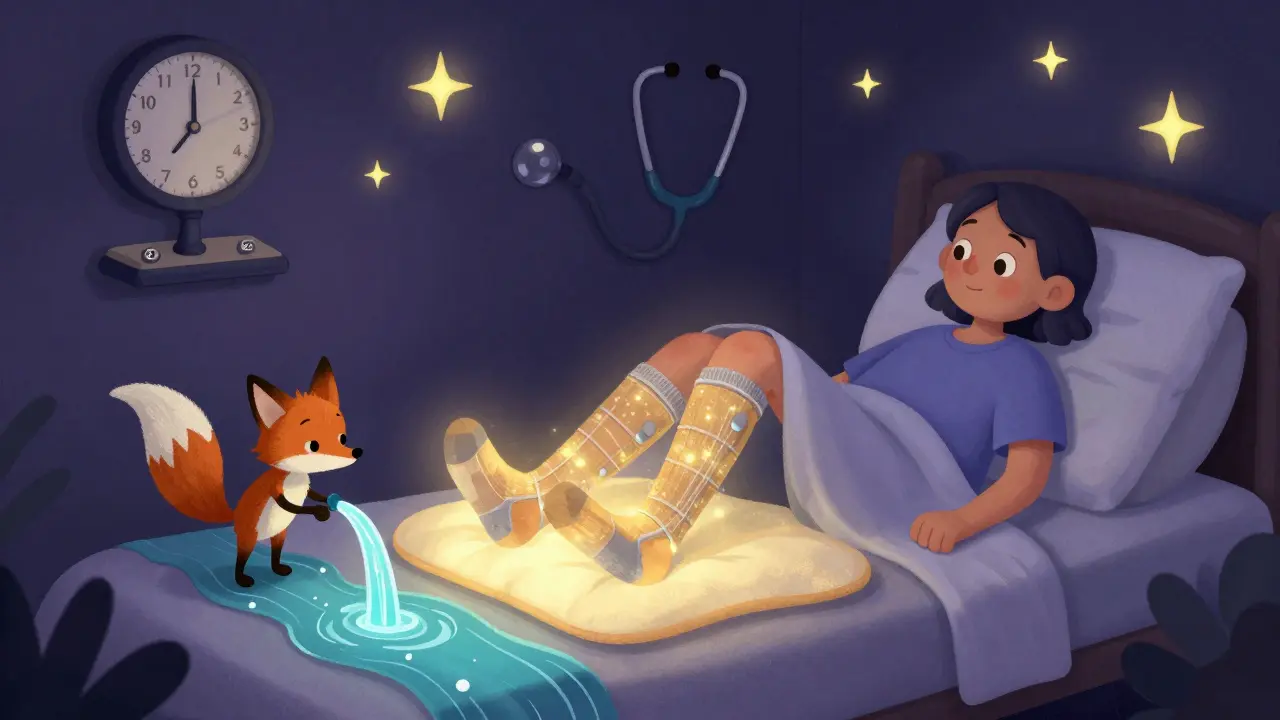 A patient with elevated legs wearing glowing compression socks, a mythical spirit draining fluid in alebrije style.