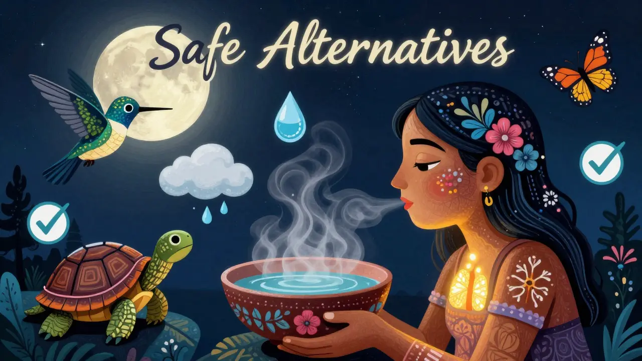 A person inhaling steam at night, surrounded by protective spirit animals symbolizing safe congestion relief, in Alebrije style.