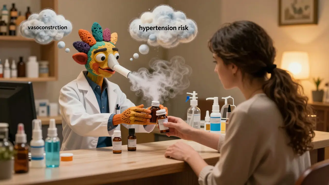 A pharmacist stopping a patient from taking cold medicine, with a fantastical vasoconstriction creature behind them, in Alebrije style.