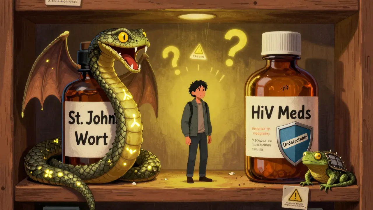 A pharmacy shelf with a serpent labeled St. John’s Wort looming over an armored lizard labeled HIV Meds, representing dangerous herbal interaction.