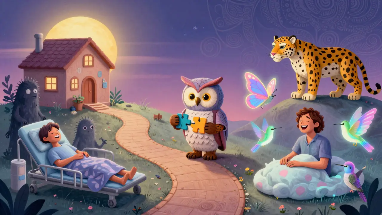 A recovery journey from coma to healing, illustrated with spirit animals in Alebrije art.