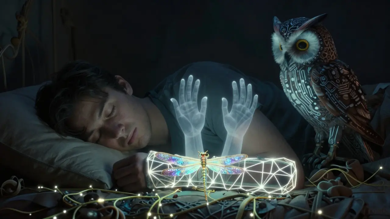 A sleeping person with a glowing dragonfly splint and floating numbness shapes, in vibrant Alebrije art.