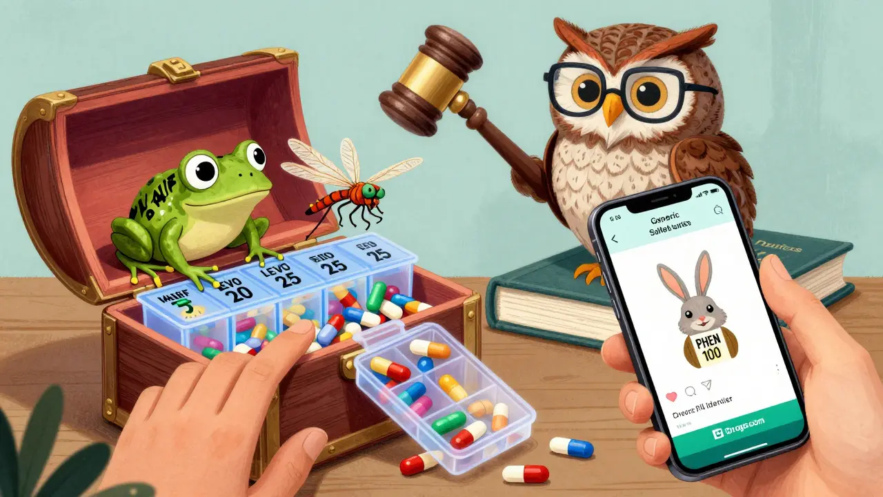 A spilled pill organizer with pill-animals, a phone identifying them, and an FDA owl watching over safety.