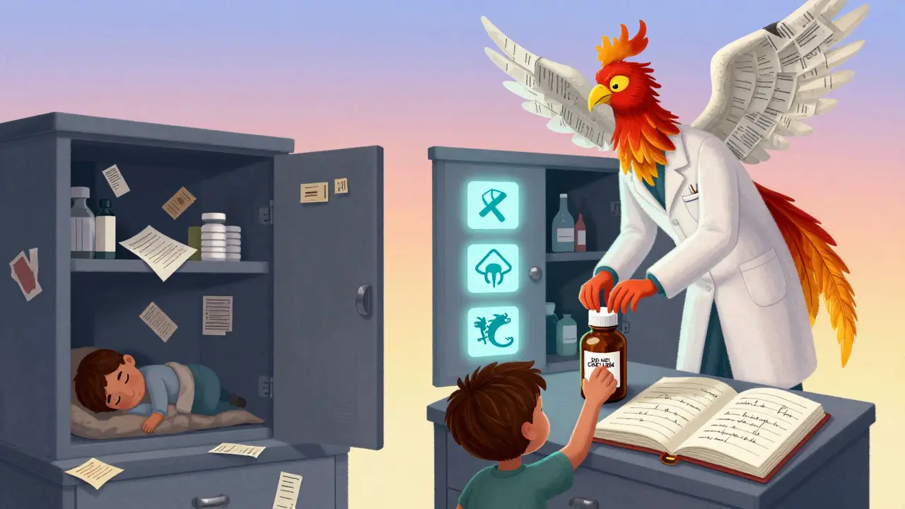 A split scene: chaotic medicine cabinet vs. organized one with glowing icons and a phoenix pharmacist guiding a child.