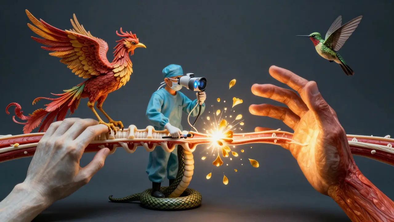 A surgeon cutting a glowing ligament as a phoenix rises, symbolizing healing in Alebrije style.