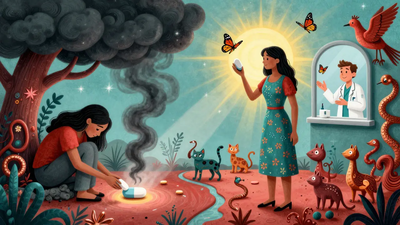 A woman transitioning from depression under dark clouds to hope under butterflies, with alebrije animals guiding her path.