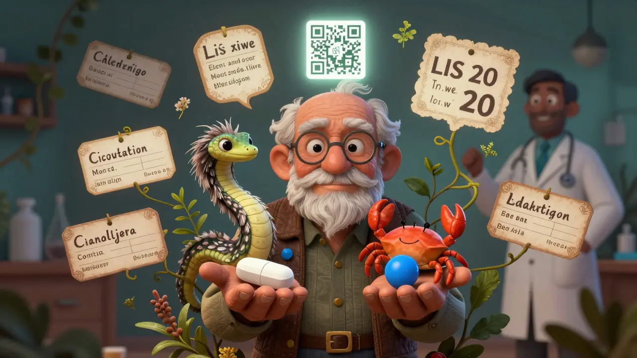 An elderly person holding two pill creatures, with floating labels and a glowing QR code nearby.