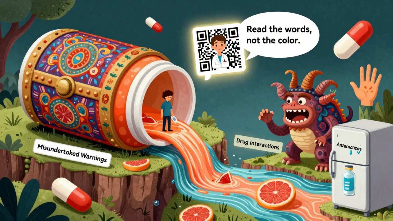 An open pill bottle revealing a patient facing a river of grapefruit juice guarded by a drug interaction monster.