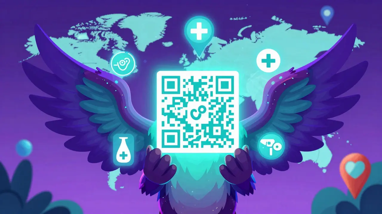 Creature holding glowing QR-like symbol with travel icons
