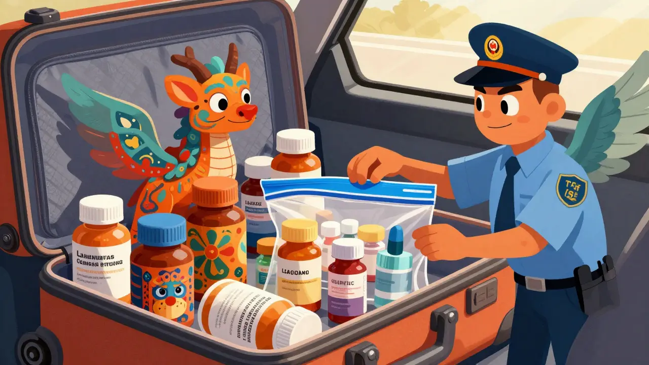 Medication bottles with patterns in suitcase, TSA agent checking