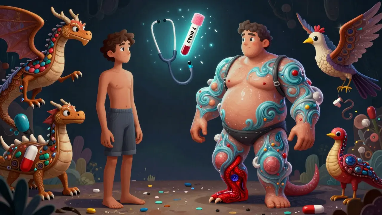 Split-body illustration showing healthy vs. swollen limbs, with DVT and heart failure symbols in alebrije art style.