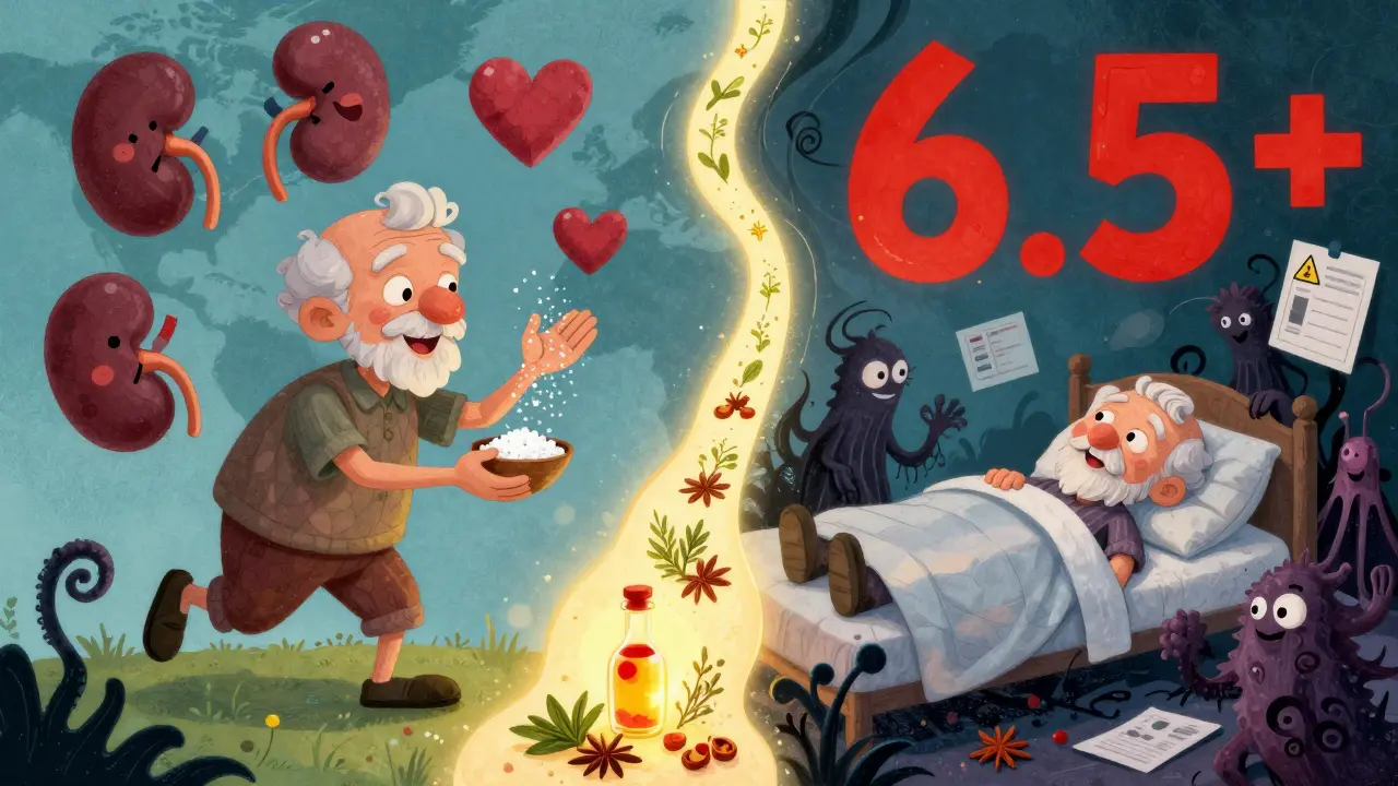 Split scene: one side shows safe herbs, the other shows a collapsed person surrounded by medical warnings from potassium overload.