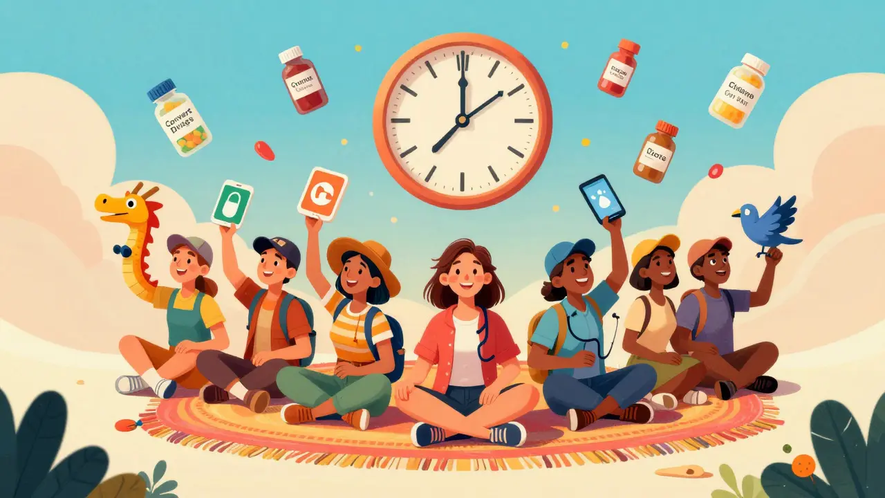 Travelers surrounded by living app icons shaped like alebrije animals, floating above a market.