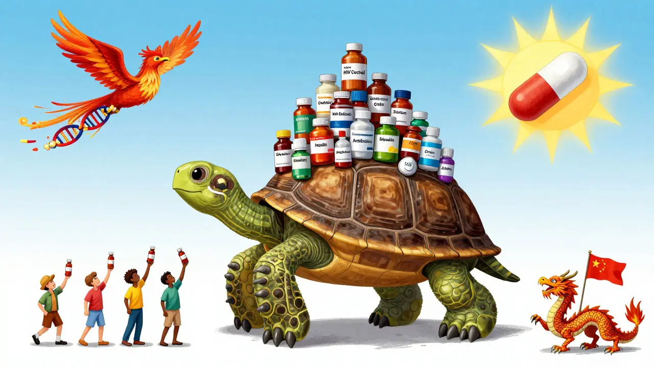 A giant turtle carrying medicine bottles to people around the world, with a DNA phoenix flying above and flags symbolizing supply chains below.