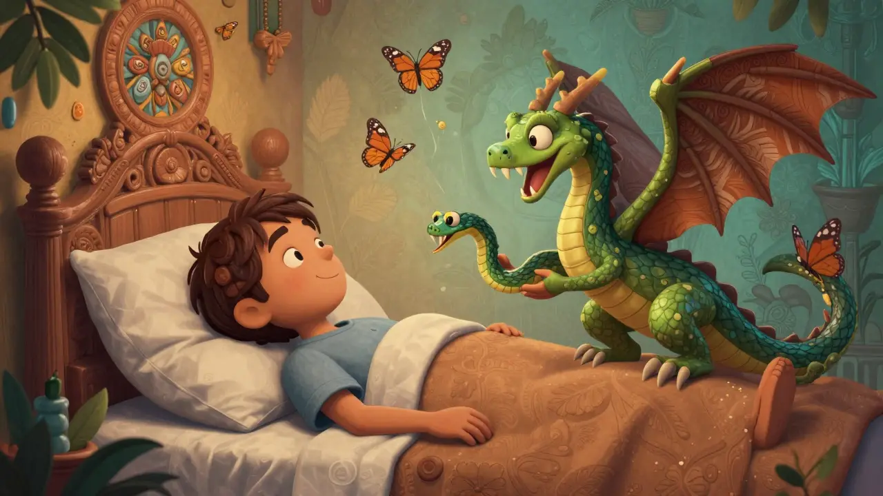A peaceful patient protected by a friendly dragon replacing a dangerous serpent, with safe statin butterflies fluttering nearby.