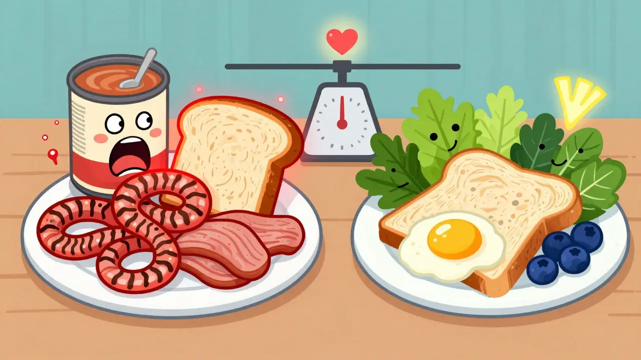 A split breakfast scene: chaotic processed foods on one side, calm healthy options on the other, with a balanced heart symbol.