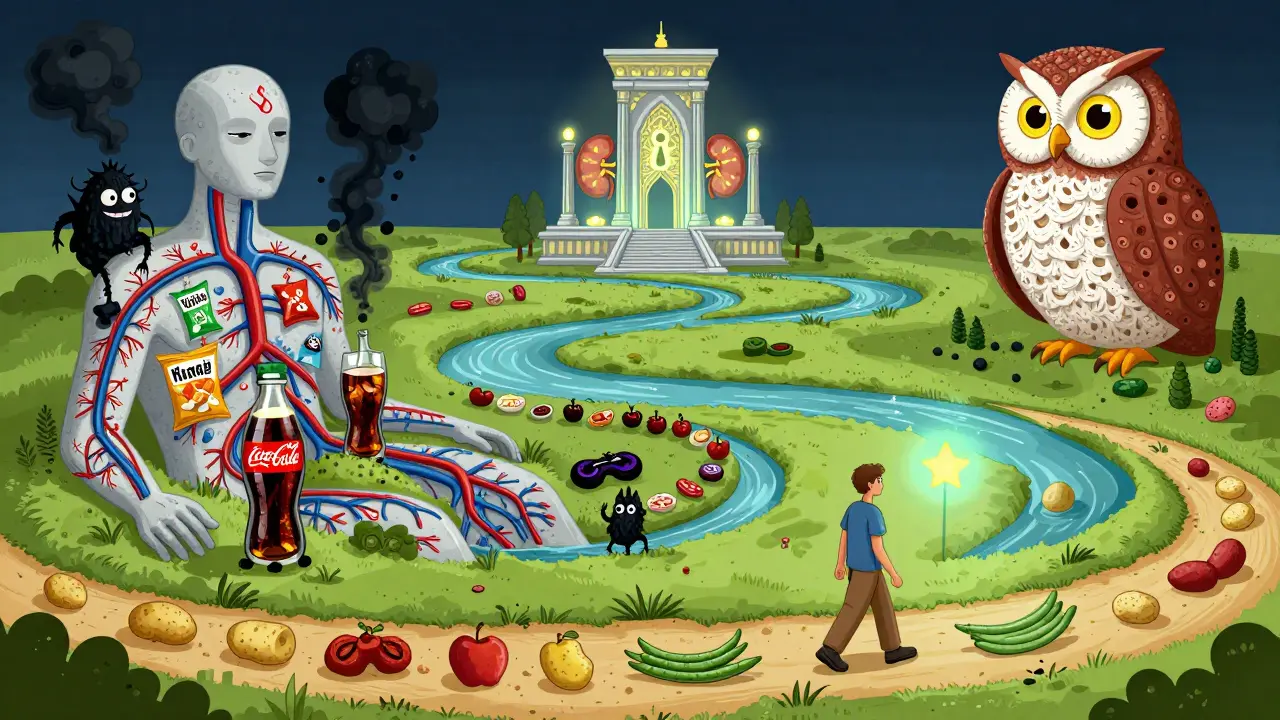 A surreal body landscape with phosphorus smoke monsters, a kidney temple, and a patient walking past healthy low-mineral foods.