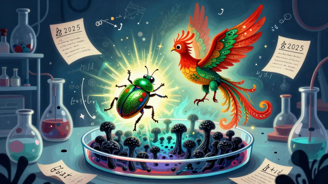 A tiny omeprazole beetle and itraconazole phoenix dancing over fungi, creating a healing halo in Alebrije style.
