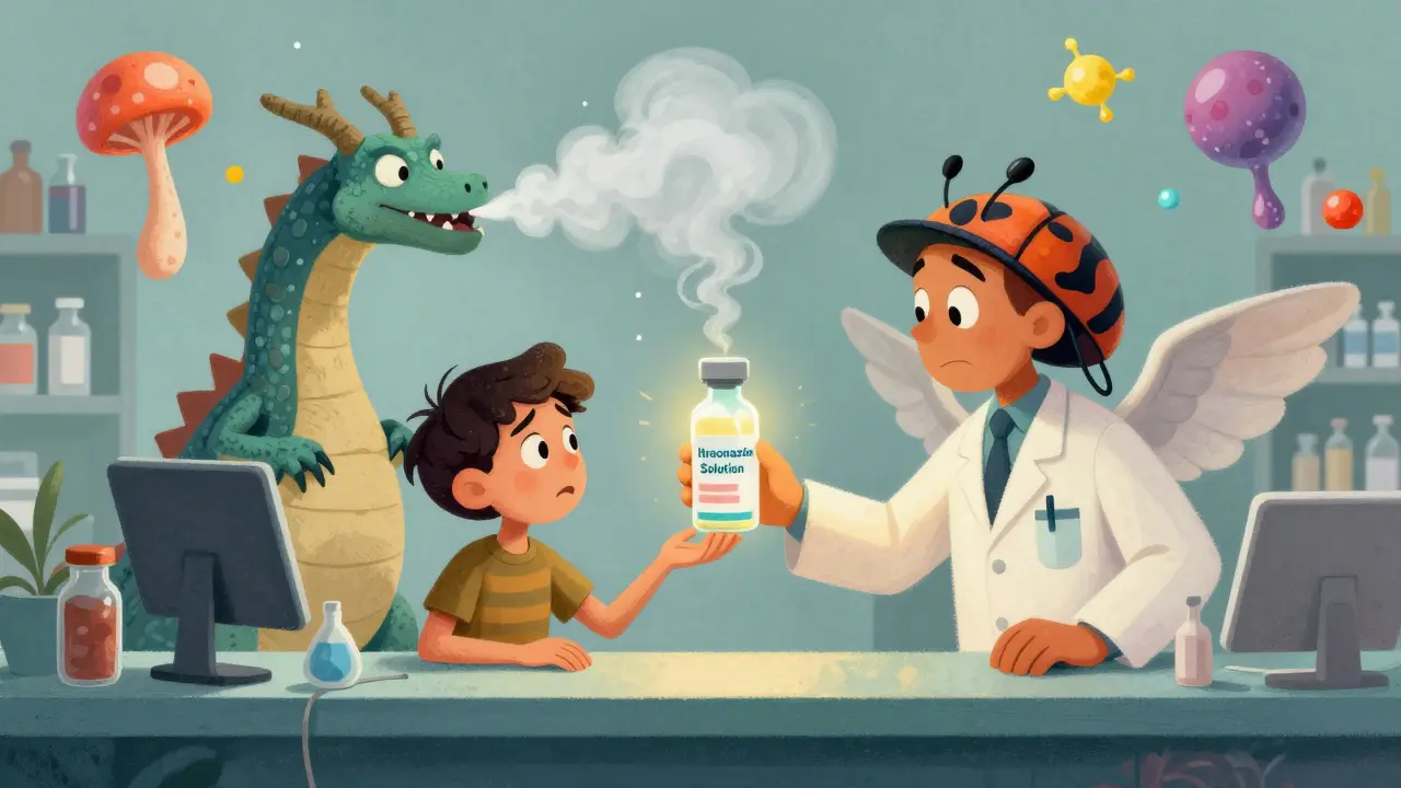 A whimsical pharmacist handing a glowing liquid antifungal to a patient, while a PPI dragon releases pH mist.