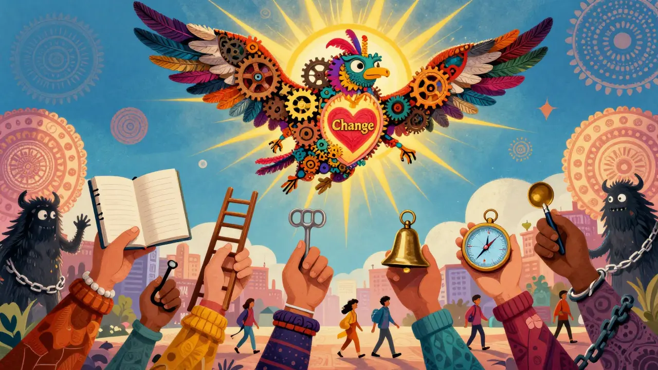 Diverse hands holding CBT tools beneath a radiant alebrije creature symbolizing change, with people walking free from shadowy thought-monsters.