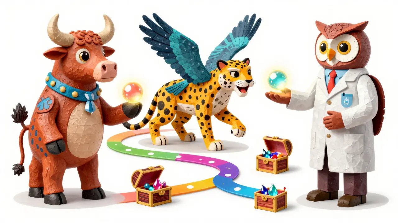 Fantastical hybrid animals exchanging goods along a supply chain path