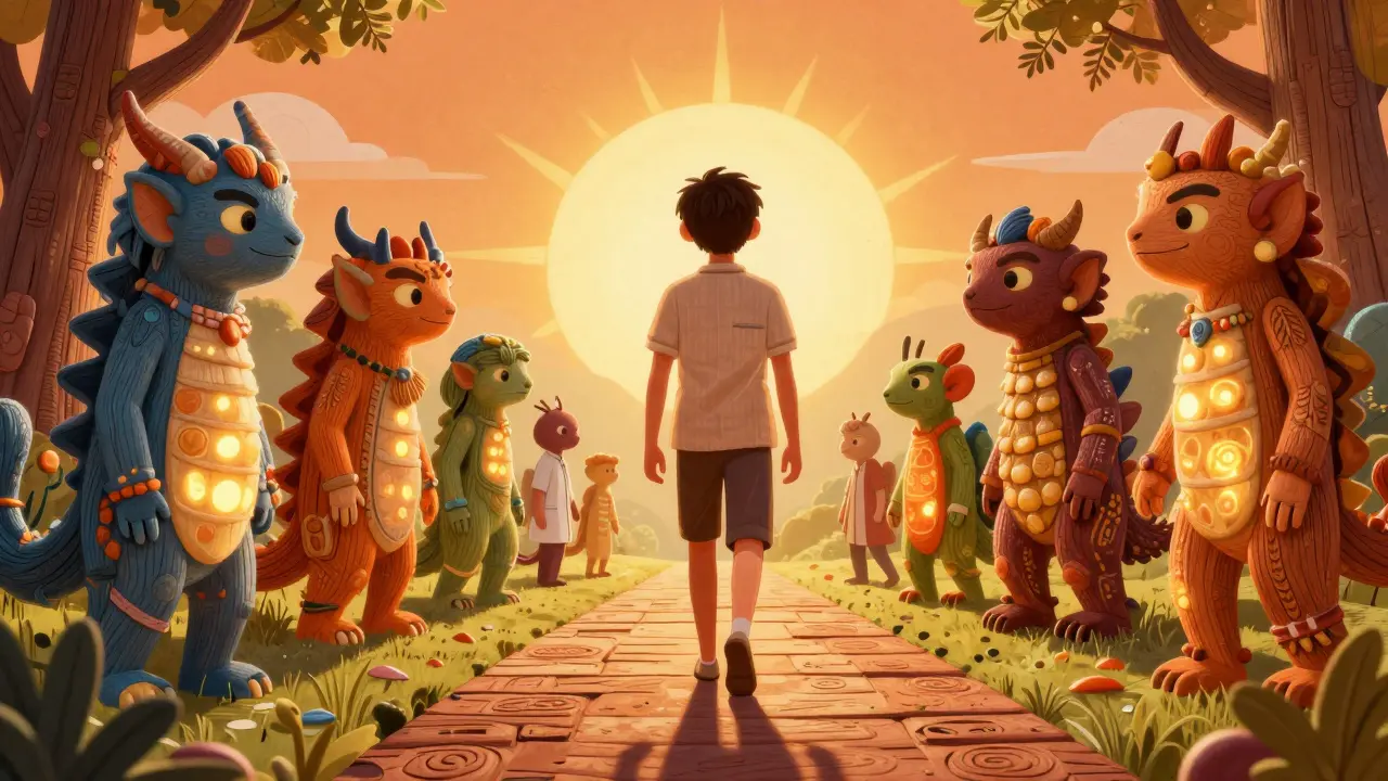 Person walking a path guided by colorful guardian spirits.