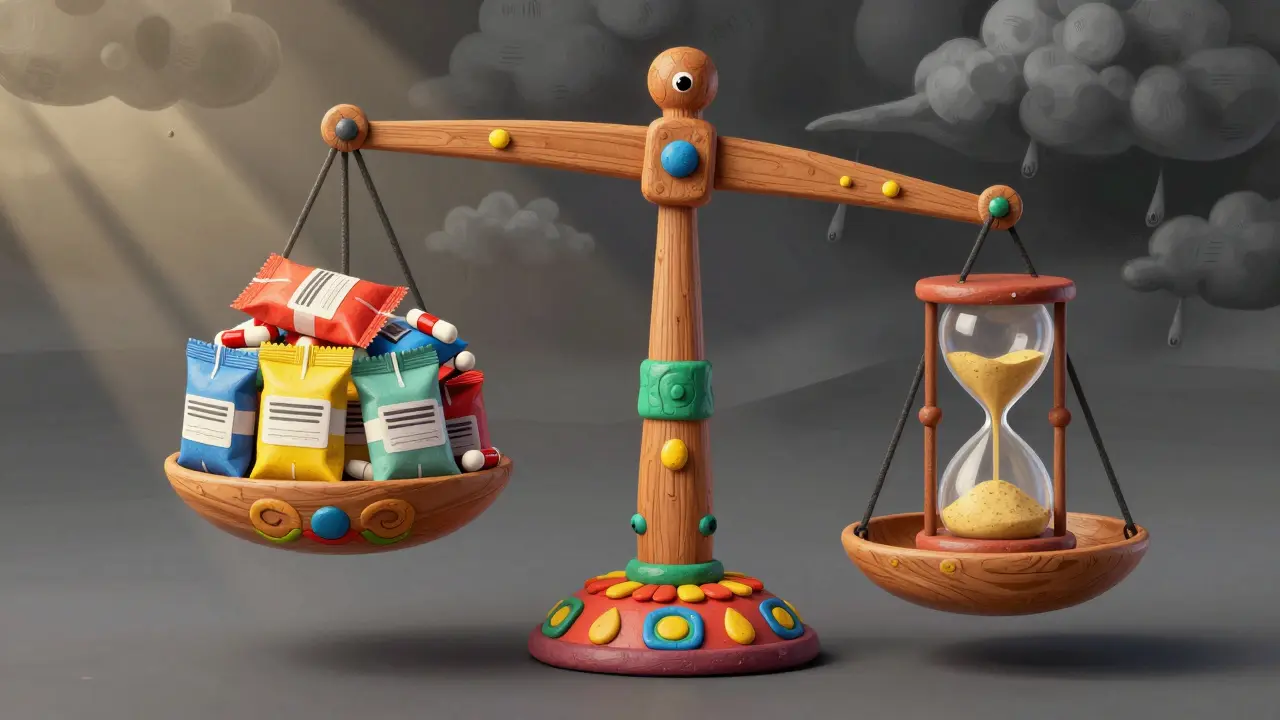 Scale weighing medicine inventory against a sand timer hourglass