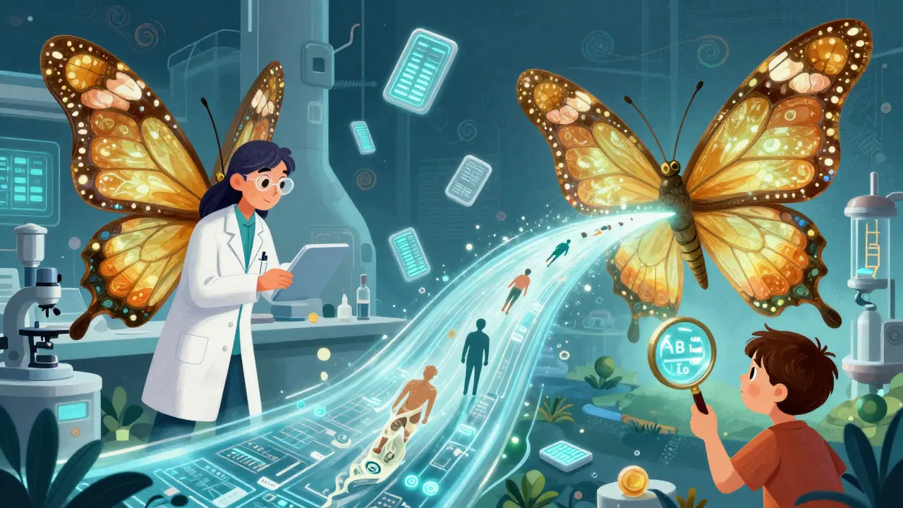 Scientists transform a B-rated cream into an AB-rated one using patient data, as glowing codes rise into the air.