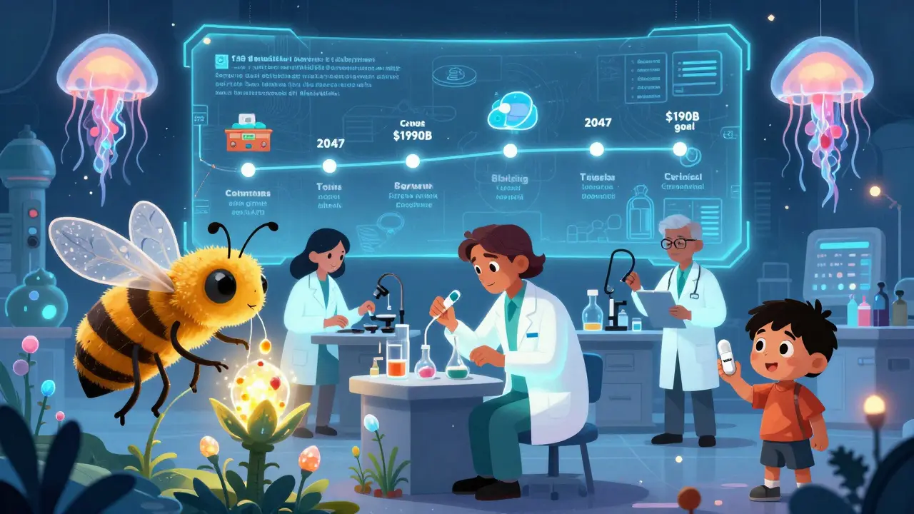 Scientists with hybrid creatures harvesting glowing pharmaceutical ingredients in a futuristic Indian lab, surrounded by holographic progress timelines.