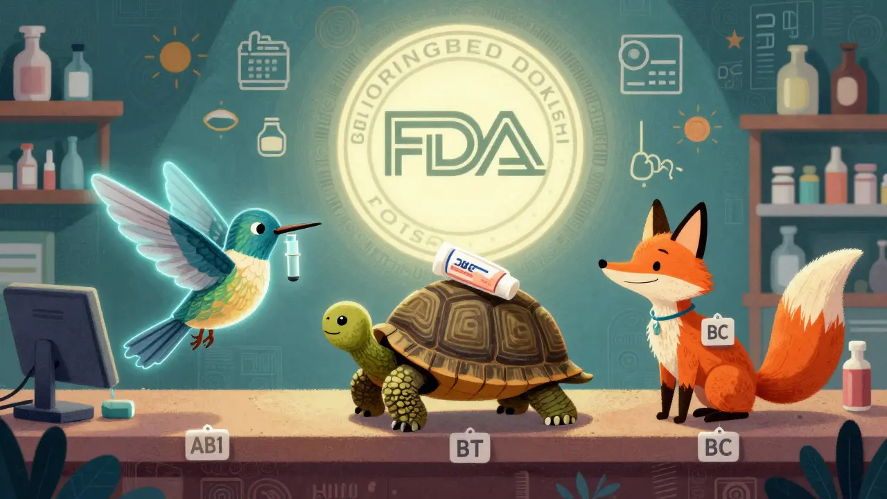 Three magical animal spirits with TE code tags sit at a pharmacy counter, glowing with A, B, and AB ratings.