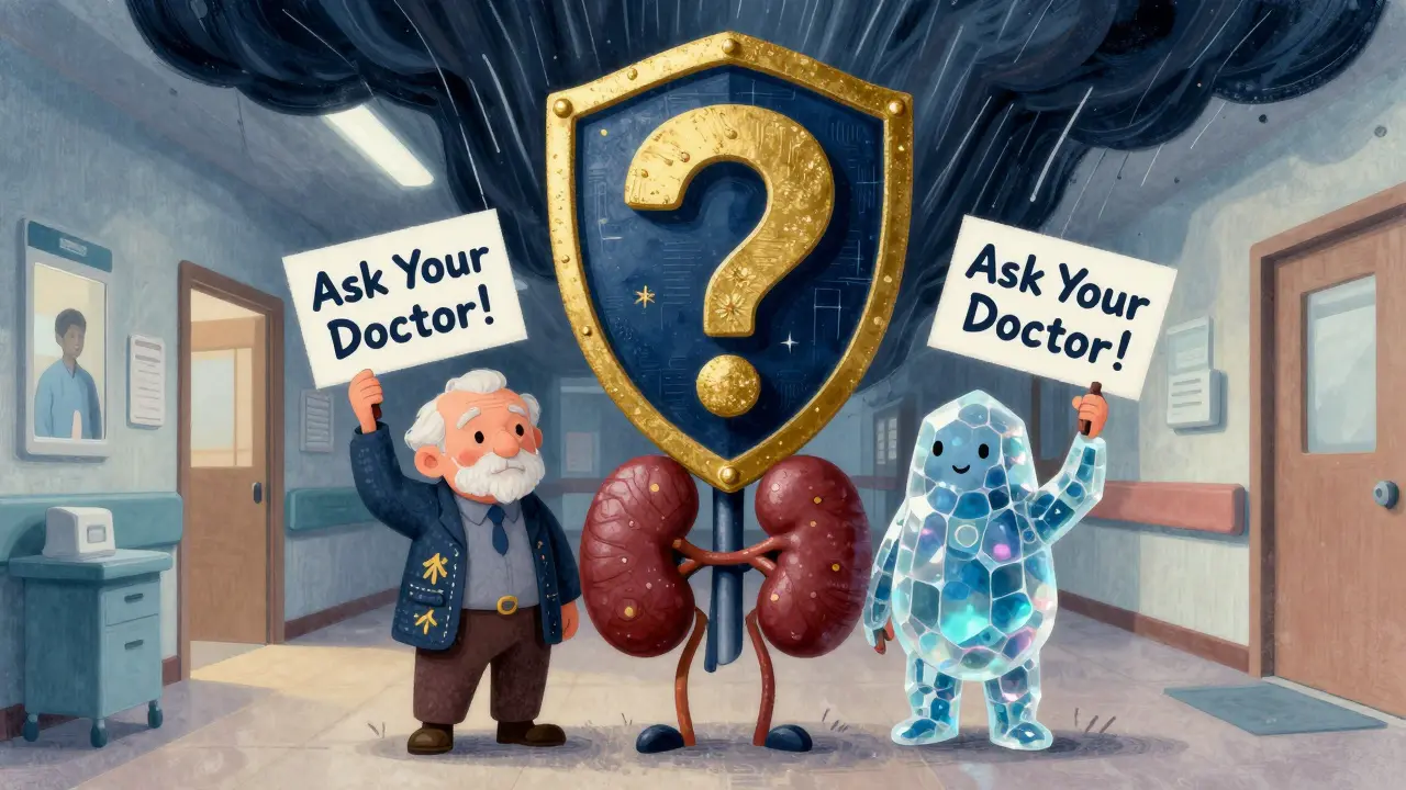 Three vulnerable figures united under a question-mark shield, guarded from a statin storm in vibrant alebrije art style.