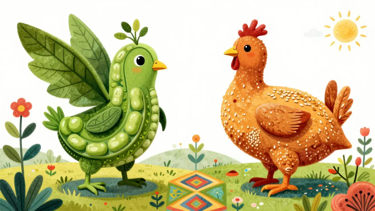 Whimsical plant and animal protein creatures standing side by side.