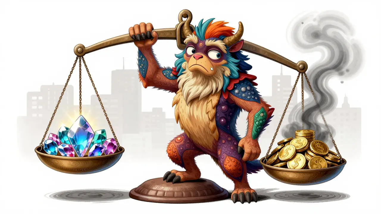 A colorful creature balancing health benefits against costs and side effects on a scale.