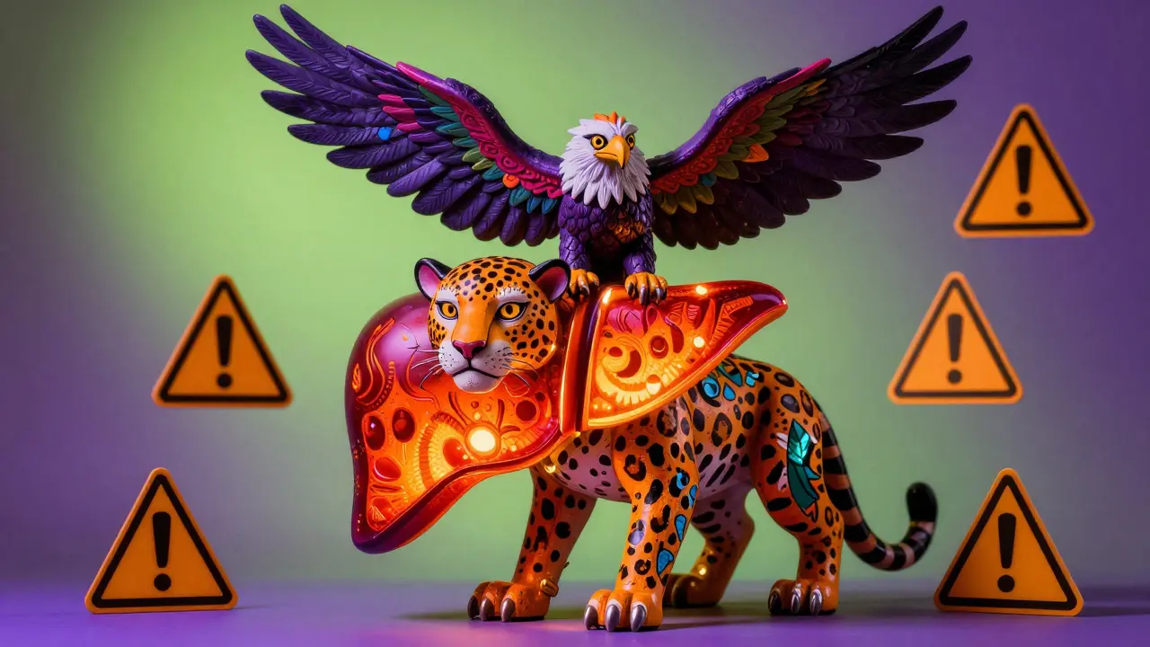 A mythical Alebrije creature guarding a glowing liver to represent health and safety
