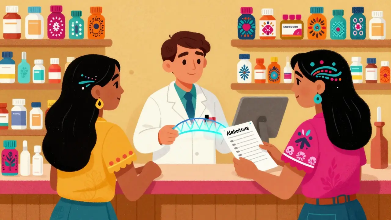 A patient and pharmacist in Alebrije style reviewing a list of supplements with neon patterns.