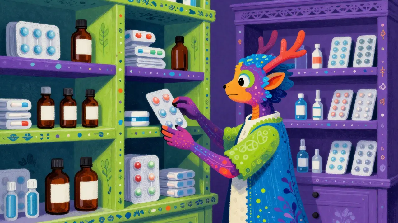 A patterned Alebrije creature organizing medicine in a colorful, mystical storage closet.