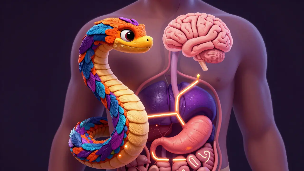 A vibrant beast connecting gut and brain signals to illustrate appetite regulation mechanisms.
